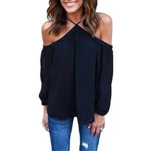 Halter Long Sleeve Black Blouse Top